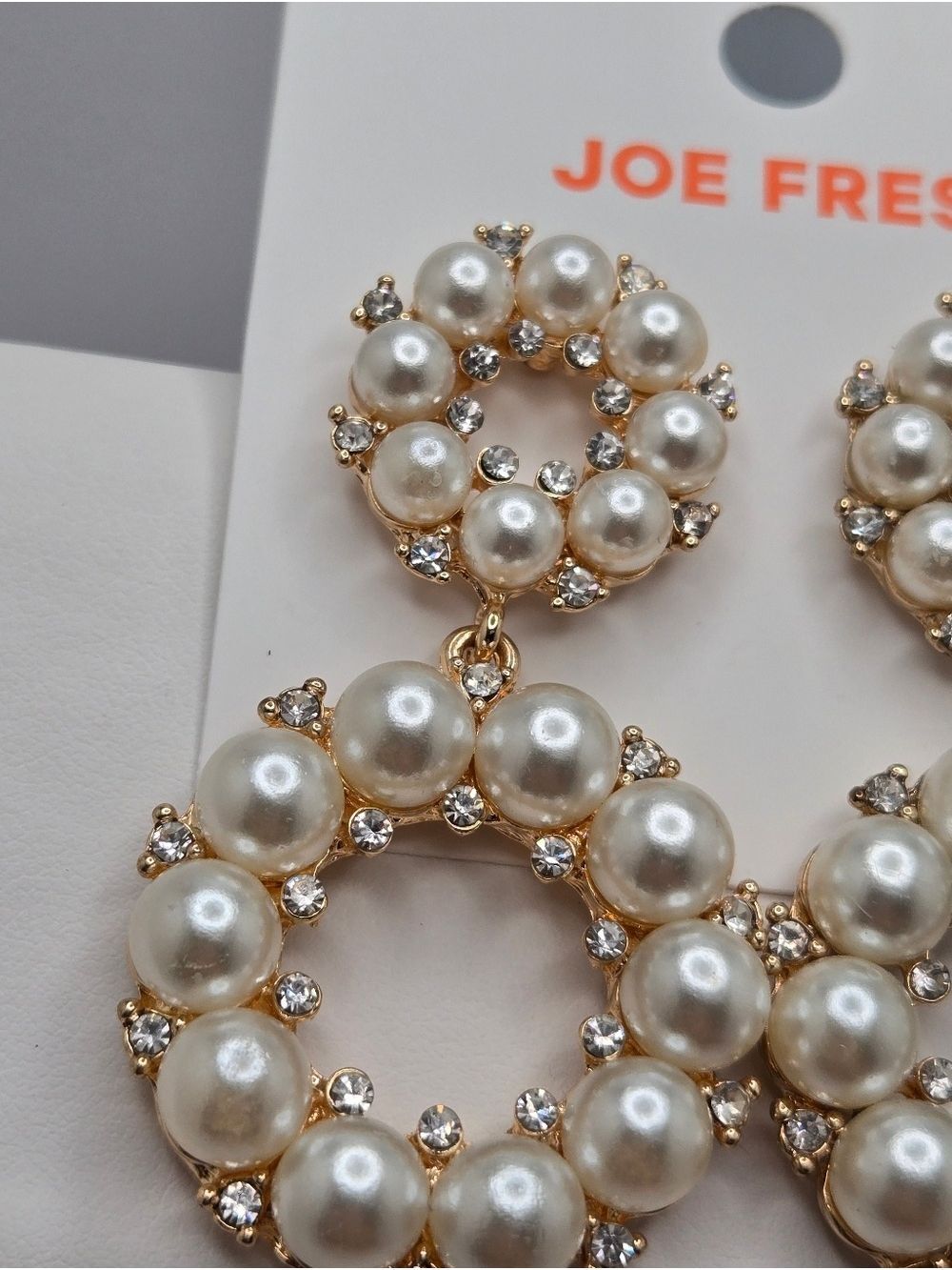 ✨2/$10✨ Double Circle Pearl Rhinestone Earrings Gold Tone 2.75" Bride Joe Fresh - Picture 5 of 7